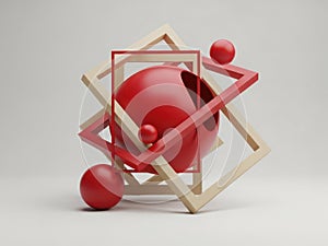 Abstract red spheres within intersecting geometric frames