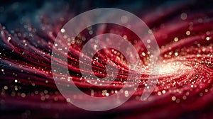 Abstract red spiral resembling a galactic vortex made of glowing threads and glittering particles