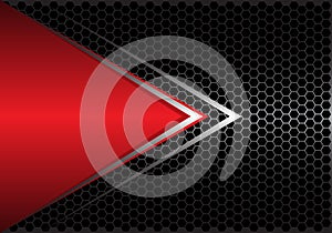 Abstract red triangle silver arrow on black hexagon mesh design modern futuristic background vector