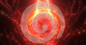Abstract red tunnel swirling from particles and dots of glowing futuristic hi-tech background