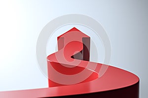 Abstract red upward arrow with curved path symbolizing growth, leadership and achievement on light gradient background. 3D photo
