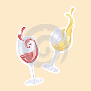 Abstract red and white grape wine splashing from goblet glass vector illustration isolated sticker