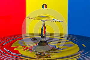 Abstract red, yellow and blue water drop collision