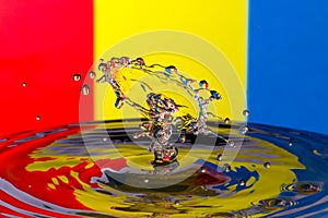 Abstract red, yellow and blue water drop collision