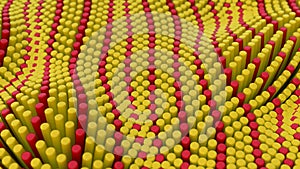 Abstract red yellow lines background with cylinders. Ceramic round tiles. Geometry pattern. Random cells. Polygonal glossy surface