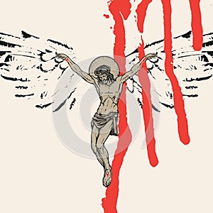 Crucified Jesus Christ with wings and blood drips