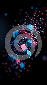 Abstract rendering of floating cubes and spheres on a dark backdrop.