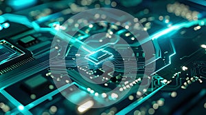 Glowing circuit board with central processing unit, representing data flow, ai, and digital future.