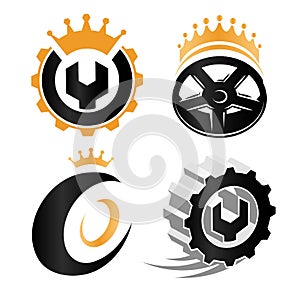 abstract repair service details logo set, car wheels elements, mechanical tools vector illustrations collection