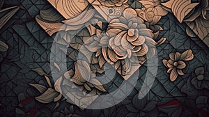 Abstract repeating wavy pattern with flowers colored background. AI generated.