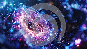 An abstract representation of artificial intelligence, featuring a glowing neural network in the shape of a human brain