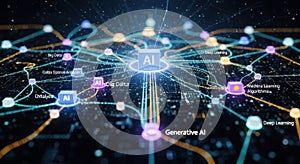Abstract representation of artificial intelligence network connecting various digital concepts and data streams