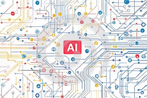 An abstract representation of artificial intelligence with overlapping graphics and code snippets on a white background