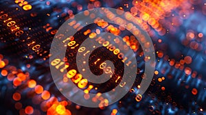Binary Code Abstract Background with Glowing Orange Digits and Bokeh Effect