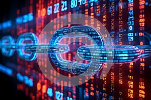 A digital blockchain network with glowing links and data