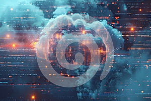 Abstract representation of cloud computing with digital elements representing data processing and AI operations within a