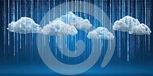 Abstract representation of cloud computing with floating clouds and binary code background