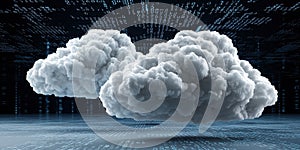 Abstract representation of cloud computing with floating clouds and digital binary code