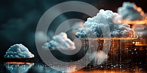 Abstract representation of cloud computing with floating clouds and glowing data streams