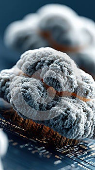 Abstract representation of cloud computing with floating digital clouds