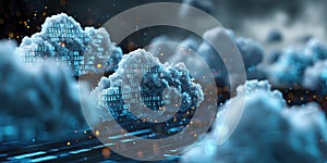 Abstract representation of cloud computing with floating digital clouds and binary code