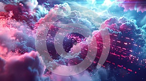 An abstract representation of cloud computing, showcasing data processing and AI operations within a digital landscape