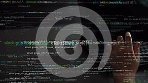 Abstract Digital Code Overlay with Hands Typing on Keyboard, Depicting Programming, Technology, and Software Development