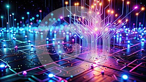 Abstract representation of a complex technological network illuminated with vibrant, glowing circuits and nodes. Generative AI