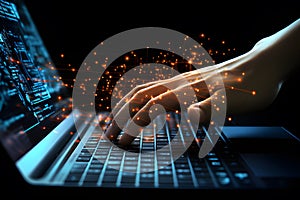 cybersecurity with coding, binary digits, and a hacker theme. neural networks and programming. person programs