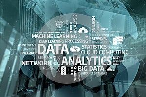 Abstract representation of data analytics concepts showcasing machine learning, cloud computing, big data, and network