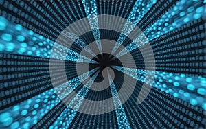 Abstract digital data stream in futuristic tunnel with binary code and light