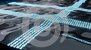 Binary Code Flow on Wavy Liquid Surface, Digital Data Stream Abstract