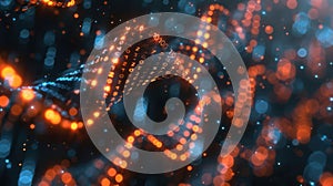 Digital DNA Strand With Binary Code Glowing In Blue and Orange on Dark Background