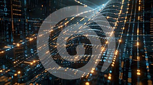 Abstract Digital Binary Code Landscape with Glowing Particle Trails Background