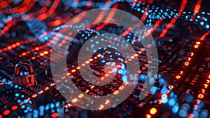 Cybersecurity Concept with Glowing Padlock and Binary Code, Protect Digital Information