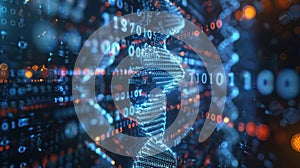 Futuristic DNA Helix Structure with Binary Code and Glowing Particle Background