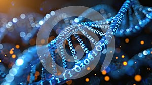 Futuristic Digital DNA Helix Structure with Binary Code on Blue Background