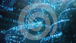 Futuristic DNA Structure Visualization With Glowing Data Stream And Digital Binary Code