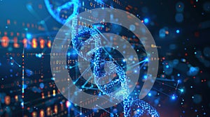 DNA Molecule Digital Structure with Binary Code Background and Futuristic Data Visualization