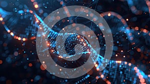 Abstract DNA Structure with Binary Code and Glowing Particles on Dark Background