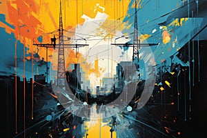 An abstract representation of electricity flowing through power lines, with lightning bolts crackl photo