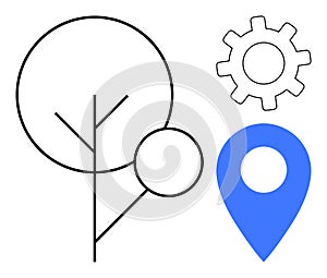 Abstract representation of environment, technology, and location with tree, gear, and pointer elements