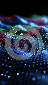 Abstract network with interconnected points creating digital wave pattern.