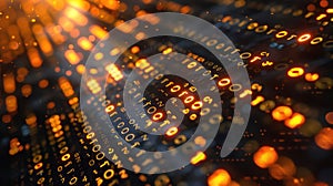Abstract Digital Binary Code Background with Golden Glowing Light Effect.