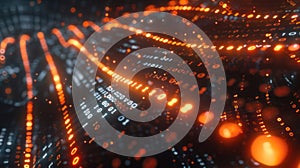 Binary Code Stream Visualization with Glowing Orange Data Points and Abstract Background