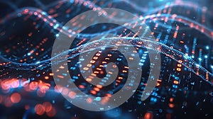 Futuristic Digital Binary Code Landscape with Wavy Lines Connection