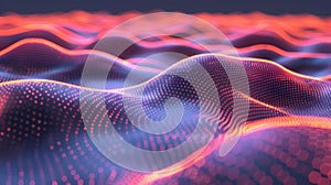 Abstract Wavy Surface with Glowing Particles and Soft Blue and Red Lights.