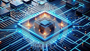 Abstract representation of a futuristic central processing unit integrated into a complex circuit board, glowing with bright neon