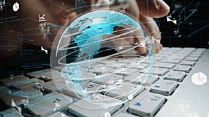 Abstract representation of global connectivity, data analysis, and digital interaction with keyboard and visual graphics