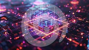 Futuristic Microchip Processor with Light Trails on a Motherboard for Modern Technology